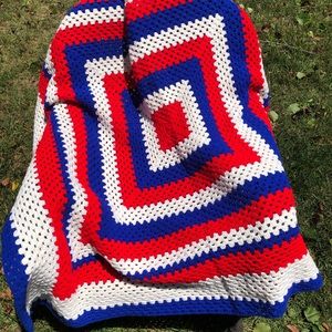 Handmade Crochet Afghan Throw Red, White, Blue Americana  62”x62”